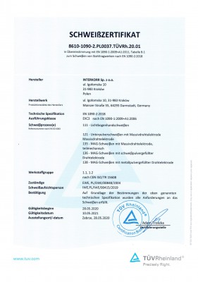 Welding Certificate EN 1090-2:2018 EXC3 EN 1090-1:2009 + A1:2006 DE