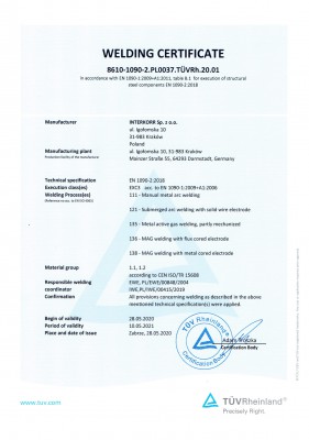 Welding Certificate EN 1090-2:2018 EXC3 EN 1090-1:2009 + A1:2006 EN