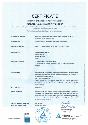 Certyfikat Zakładowej Kontroli Produkcji 2627-CPR-1090.1.PL0192.TÜVRh.22.00 EN