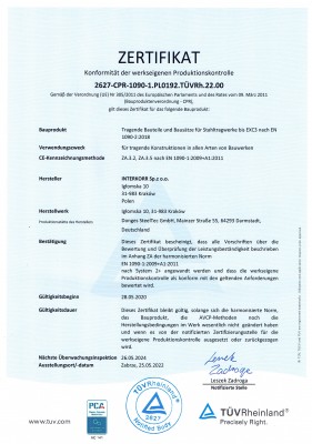 Zertifikat Konformität der werseigenen Produktionskontrolle 2627-CPR-1090.1.PL0192.TÜVRh.22.00 DE