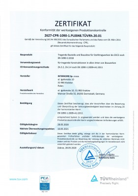 Certificate conformity of Factory Production Control 2627-CPR-1090.1.PL048.TÜVRh.20.01 DE