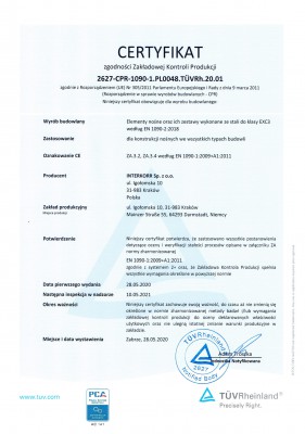 Certificate conformity of Factory Production Control 2627-CPR-1090.1.PL048.TÜVRh.20.01 PL